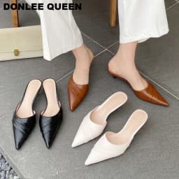 Brand Slippers Women Pointed Toe Slides Women Low Heel Mules Thin Heel Slippers Outdoor Flip Flops Pleated Shoes Female Sandals