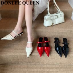 Brand Slippers Women Pointed Toe Slides Women Low Heel Mules Thin Heel Slippers Outdoor Flip Flops Pleated Shoes Female Sandals