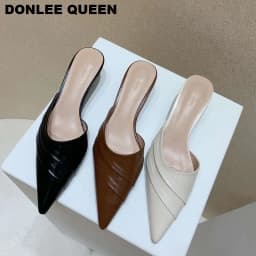 Brand Slippers Women Pointed Toe Slides Women Low Heel Mules Thin Heel Slippers Outdoor Flip Flops Pleated Shoes Female Sandals