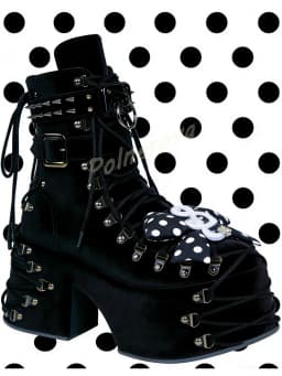 Velvet Doll Bow Spike Rivet Ankle Boots Gothic Platform Women Buckle Lace Up Chunky High Heel Shoes Black Punk Party Goth Shoes