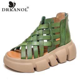 DRKANOL 2026 Women Gladiator Sandals Summer Cool Boots Luxury Gesign Genuine Leather Woven Wedges Platform Casual Roman Sandals
