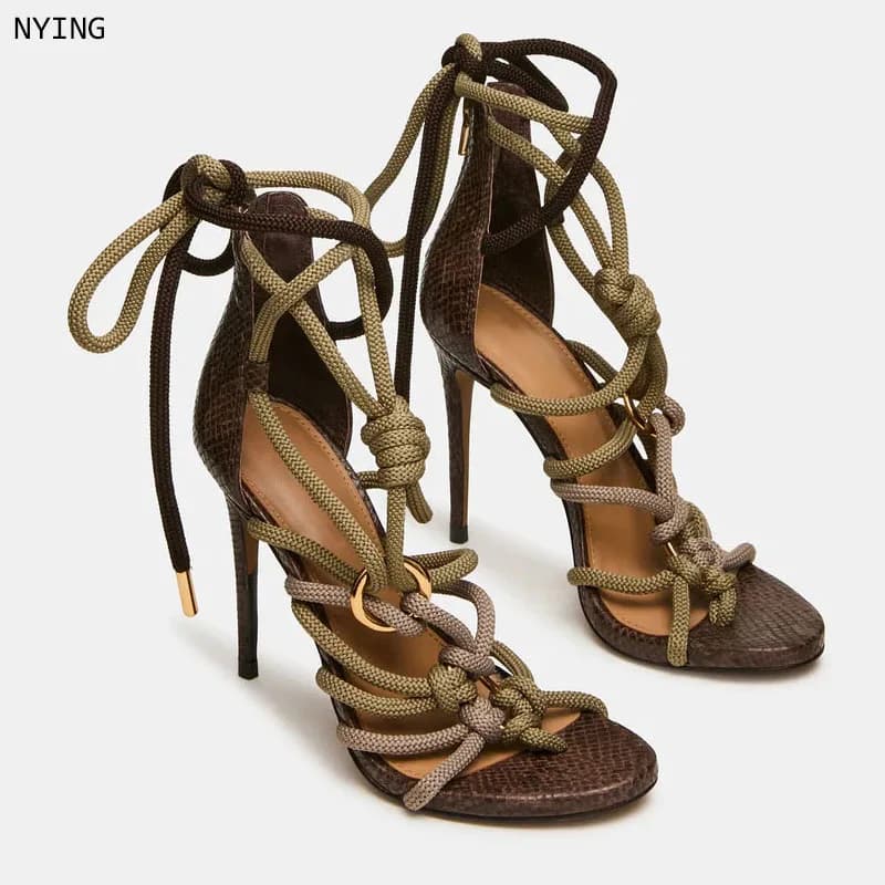 2026 Women's Retro Thick Rope Crisscross Strap High Heels Women'S Open-Toe Stiletto Sandals Sexy Summer Party Dress Shoes 44