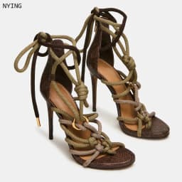 2026 Women's Retro Thick Rope Crisscross Strap High Heels Women'S Open-Toe Stiletto Sandals Sexy Summer Party Dress Shoes 44