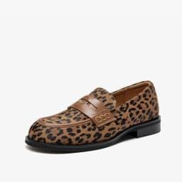 BEAUTODAY Penny Loafers Women Cowhide Round Toe Square Heel Leopard Print Sewing Outdoor Casual Flats Female Handmade 26238