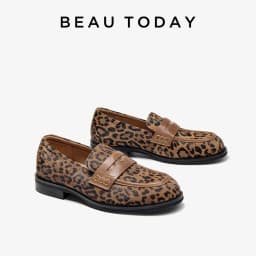 BEAUTODAY Penny Loafers Women Cowhide Round Toe Square Heel Leopard Print Sewing Outdoor Casual Flats Female Handmade 26238