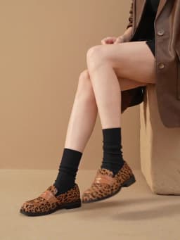 BEAUTODAY Penny Loafers Women Cowhide Round Toe Square Heel Leopard Print Sewing Outdoor Casual Flats Female Handmade 26238