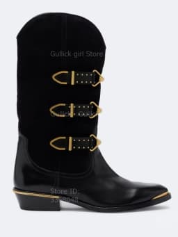 Gold Metal Buckle Western Middle Heel Boots Chunky Heel Slip On Buckle Strap New Arrivals 2026 Winter Autumn Handmade Shoes