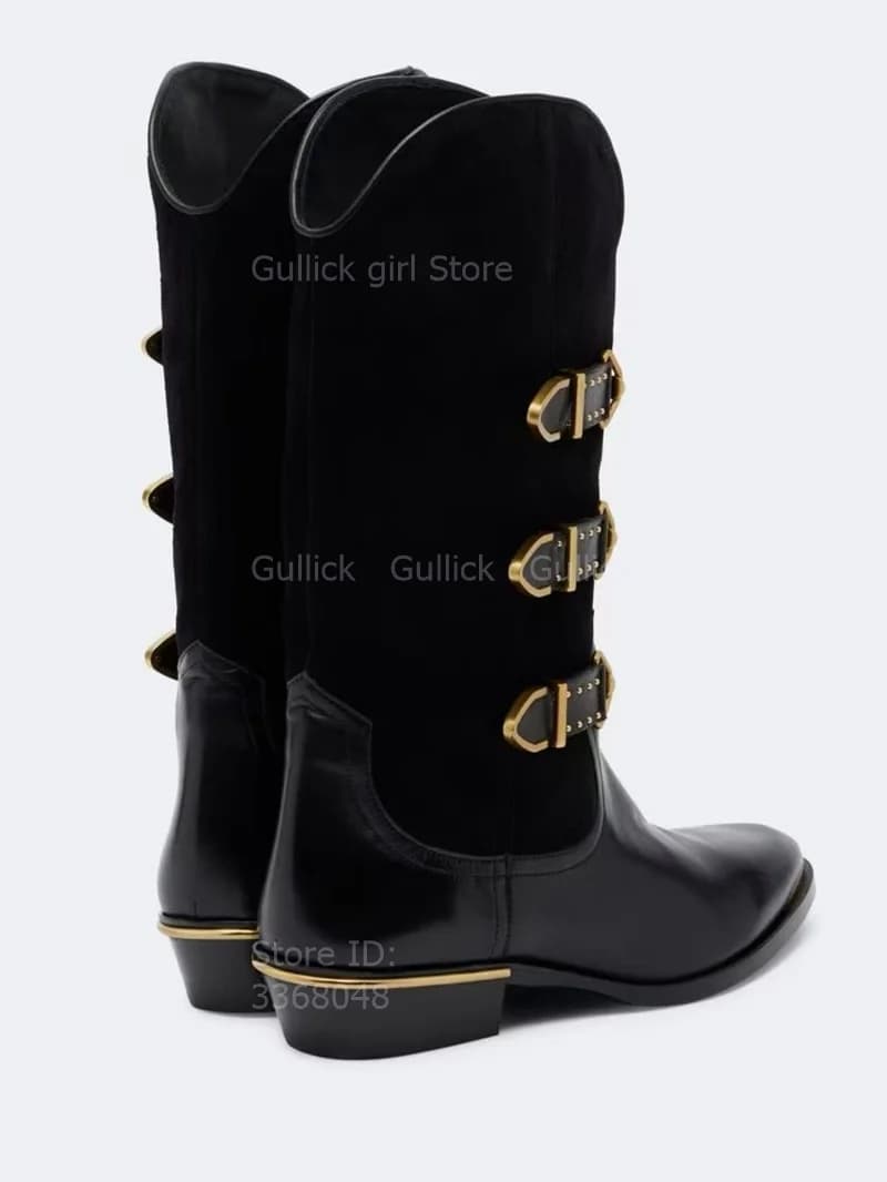 Gold Metal Buckle Western Middle Heel Boots Chunky Heel Slip On Buckle Strap New Arrivals 2026 Winter Autumn Handmade Shoes