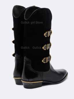 Gold Metal Buckle Western Middle Heel Boots Chunky Heel Slip On Buckle Strap New Arrivals 2026 Winter Autumn Handmade Shoes
