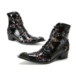 British Punk Style Men Short Ankle Boots High Heels Rivets Pointed Toe Dress Shoes Shiny Leather Mixed Color Zapatos Para Hombre