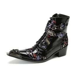 British Punk Style Men Short Ankle Boots High Heels Rivets Pointed Toe Dress Shoes Shiny Leather Mixed Color Zapatos Para Hombre