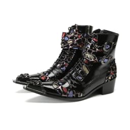 British Punk Style Men Short Ankle Boots High Heels Rivets Pointed Toe Dress Shoes Shiny Leather Mixed Color Zapatos Para Hombre