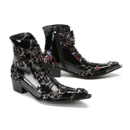 British Punk Style Men Short Ankle Boots High Heels Rivets Pointed Toe Dress Shoes Shiny Leather Mixed Color Zapatos Para Hombre