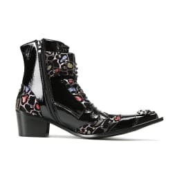 British Punk Style Men Short Ankle Boots High Heels Rivets Pointed Toe Dress Shoes Shiny Leather Mixed Color Zapatos Para Hombre