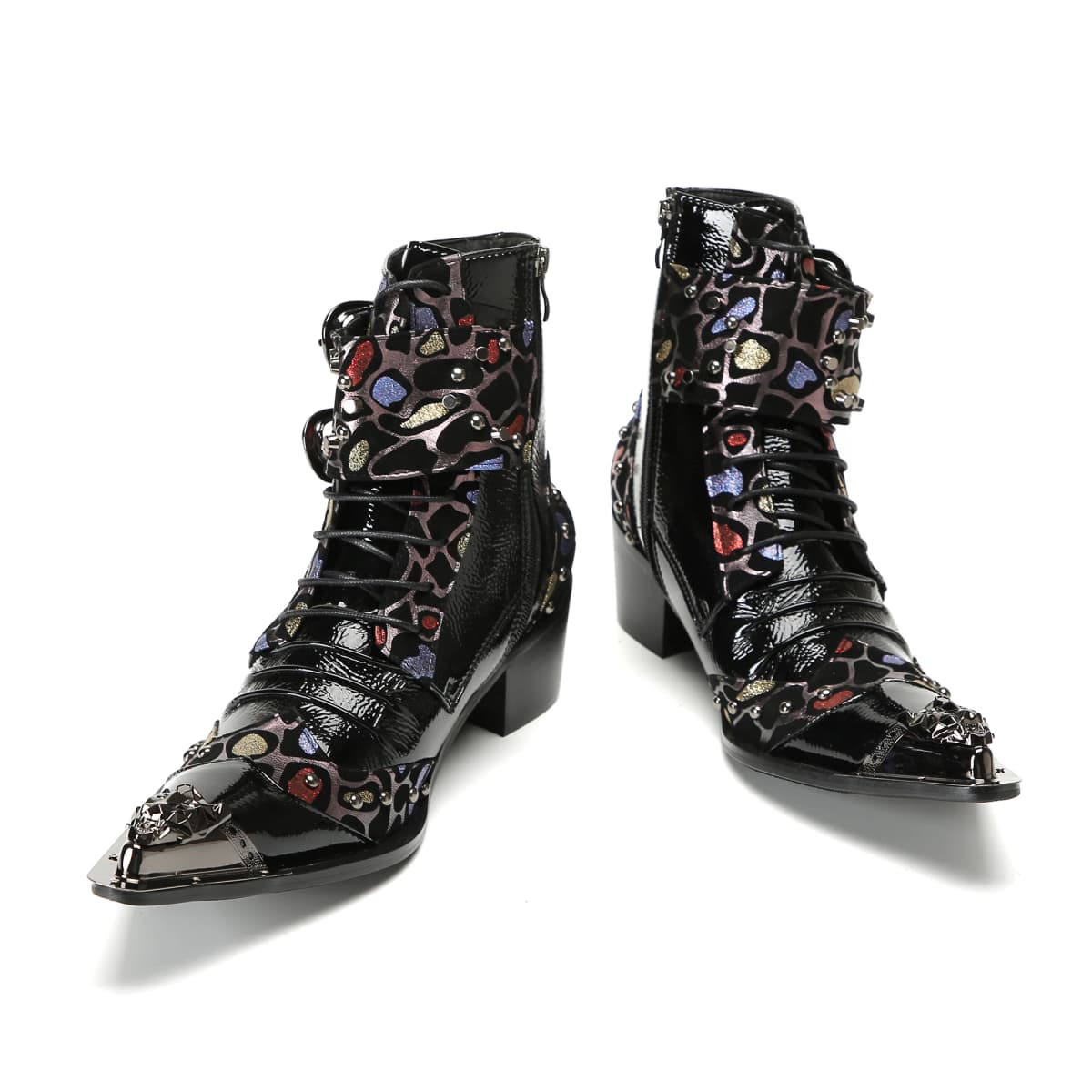 British Punk Style Men Short Ankle Boots High Heels Rivets Pointed Toe Dress Shoes Shiny Leather Mixed Color Zapatos Para Hombre