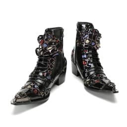 British Punk Style Men Short Ankle Boots High Heels Rivets Pointed Toe Dress Shoes Shiny Leather Mixed Color Zapatos Para Hombre