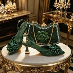 2026 Luxury Green 3D Rose Rhinestone Shoes And Bag Set Women Pointed Toe Slingback High Heels Matching Clutch For Wedding Party