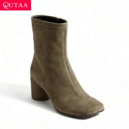 QUTAA New Fashion Winter Cow Suede Women Ankle Boots High Heels Autumn Genuine Leather Square Toe Shoes Zipper Short Boots 34-43