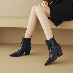 2026 New Trend Spring Autumn Genuine Leather Women Chunky Heeled Boots Black Brown Buckle Side Zipper Pointed Toe Ankle Boots