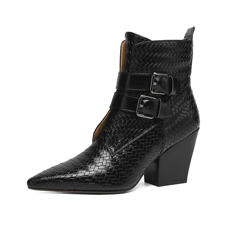 2026 New Trend Spring Autumn Genuine Leather Women Chunky Heeled Boots Black Brown Buckle Side Zipper Pointed Toe Ankle Boots