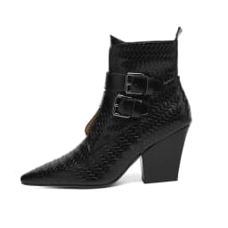 2026 New Trend Spring Autumn Genuine Leather Women Chunky Heeled Boots Black Brown Buckle Side Zipper Pointed Toe Ankle Boots
