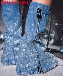Luxury Designer Lock Crystal Thick Sole Mid Calf Boots Woman Platform Round Toe Long Womens Boots Winter Side Zipper Party Shoes