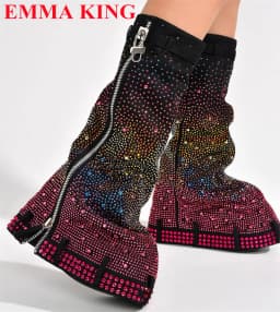 Luxury Designer Lock Crystal Thick Sole Mid Calf Boots Woman Platform Round Toe Long Womens Boots Winter Side Zipper Party Shoes