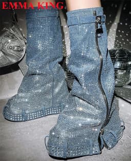 Luxury Designer Lock Crystal Thick Sole Mid Calf Boots Woman Platform Round Toe Long Womens Boots Winter Side Zipper Party Shoes