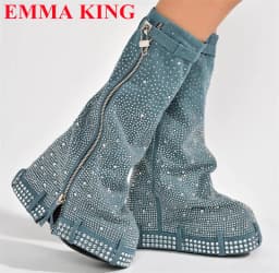 Luxury Designer Lock Crystal Thick Sole Mid Calf Boots Woman Platform Round Toe Long Womens Boots Winter Side Zipper Party Shoes