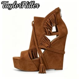 TaylorHiller Boho Women Tassel Fringe Wedge Sandals Peep Toe Platform High Heels Sandal Suede Lace‑Up Zip Summer Evening Shoes