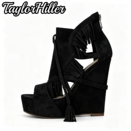 TaylorHiller Boho Women Tassel Fringe Wedge Sandals Peep Toe Platform High Heels Sandal Suede Lace‑Up Zip Summer Evening Shoes
