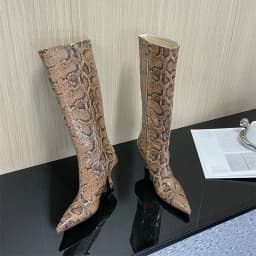 New Mixed Color Snake Patterned Side Zipper Knee High Boots Autumn Winter European American Fashion Pointed High-heel Long Boots