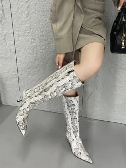 New Mixed Color Snake Patterned Side Zipper Knee High Boots Autumn Winter European American Fashion Pointed High-heel Long Boots