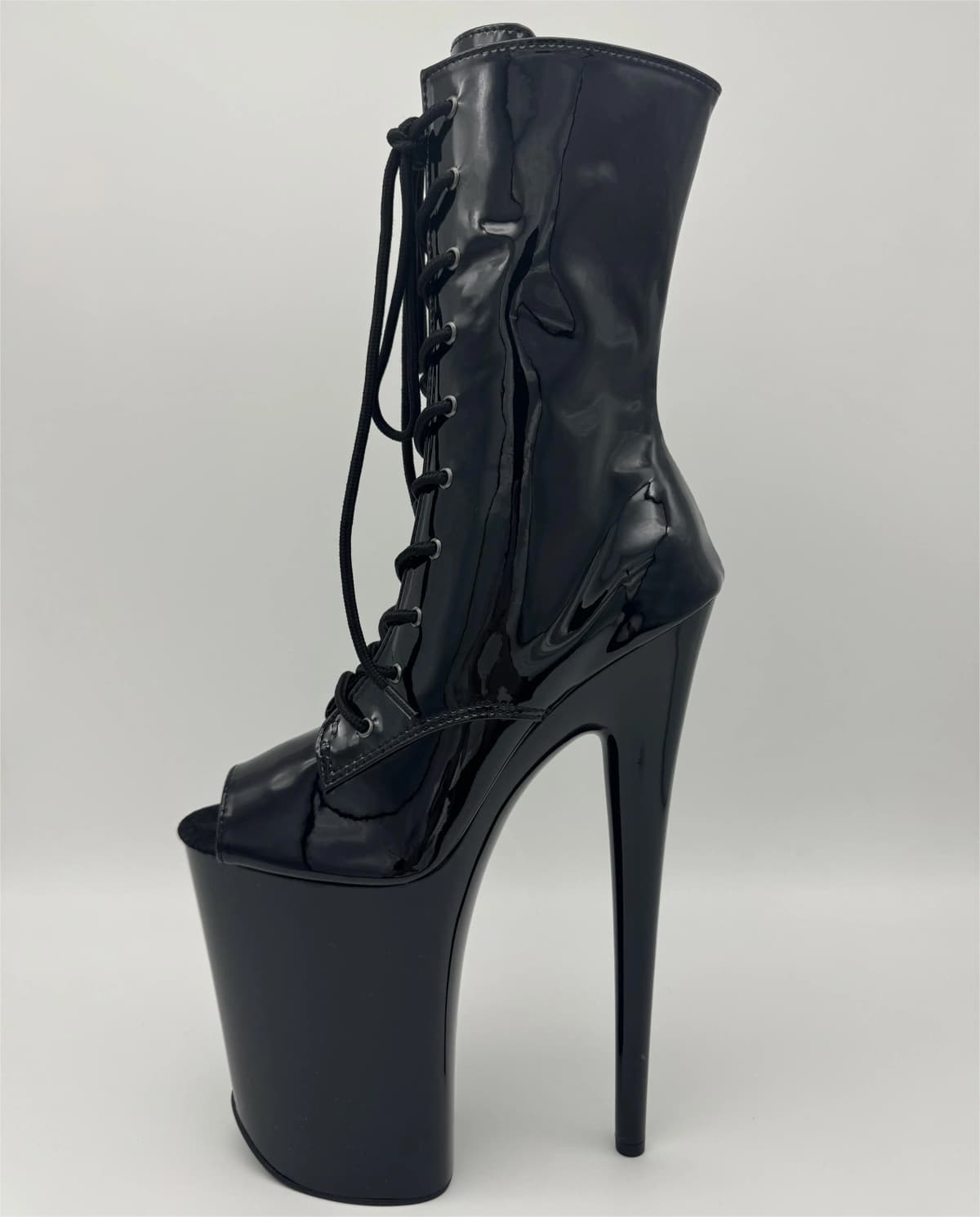 23cm patent leather high heel fish mouth boots, thin heel waterproof platform pole dance performance, model runway shoes