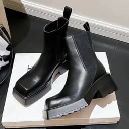 Black Chunky Heel Chelsea Boots Women British Style Leather Square Toe Platform Ankle Boots Casual Non-slip Motorcycle Boots