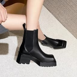 Black Chunky Heel Chelsea Boots Women British Style Leather Square Toe Platform Ankle Boots Casual Non-slip Motorcycle Boots