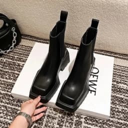 Black Chunky Heel Chelsea Boots Women British Style Leather Square Toe Platform Ankle Boots Casual Non-slip Motorcycle Boots
