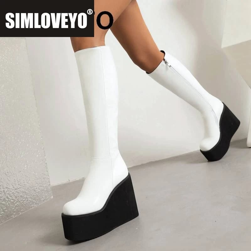 SIMLOVEYO Ladies Knee-high Boots 37cm Round Toe Wedges High Heel 11.5cm Platform 6cm Zipper Plus Size 43 Winter Shoes