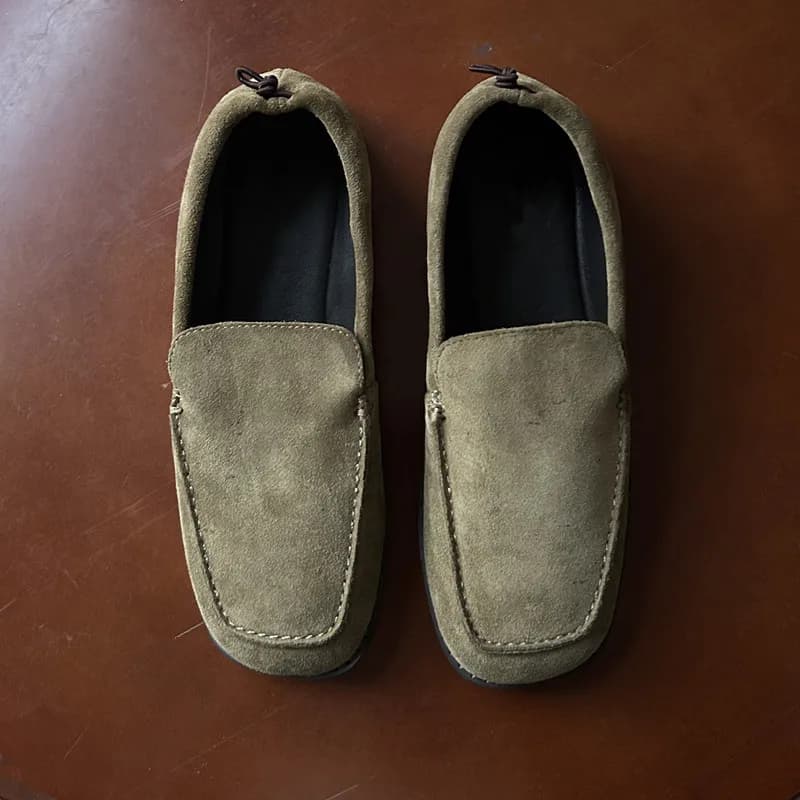 Maxdutti French Inide Folk Handmade Cowhide Suede Shoes Khaki Color Vintage Square Toe Woman Shoes Shoes For Woman Loafers