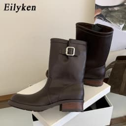 Eilyken Vintage Autumn Winter Ankle Boots Women Round Toe Square Low Heels Shoes Fashion Design Belt Buckle Booties