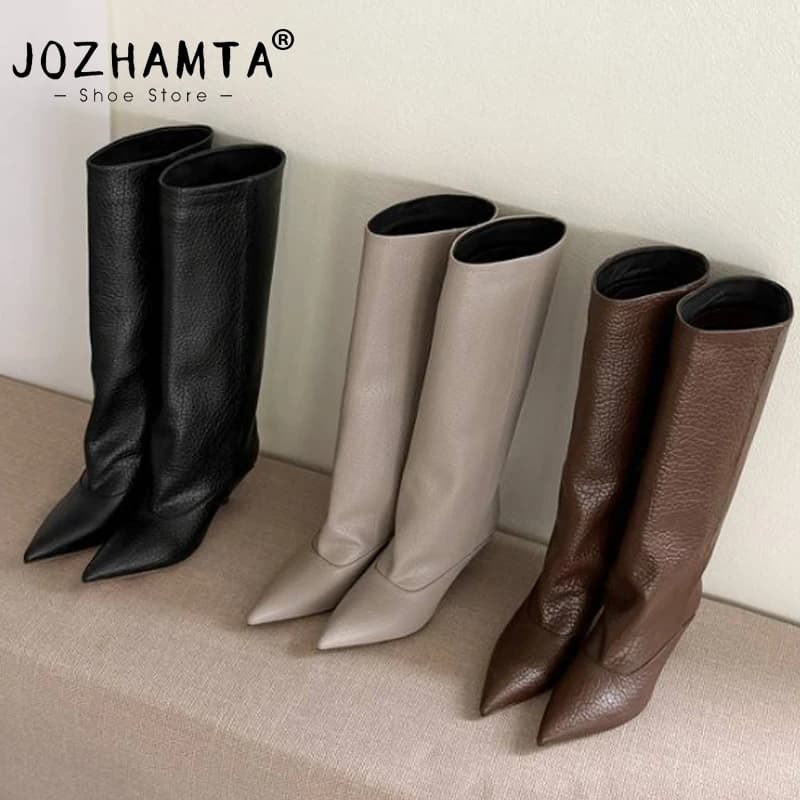 JOZHAMTA Size 34-43 2027 New Women Real Leather Knee Boots Low Heels Winter Shoes For Sexy Woman Lady Autumn Dress Long Boots