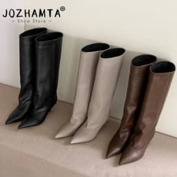 JOZHAMTA Size 34-43 2027 New Women Real Leather Knee Boots Low Heels Winter Shoes For Sexy Woman Lady Autumn Dress Long Boots
