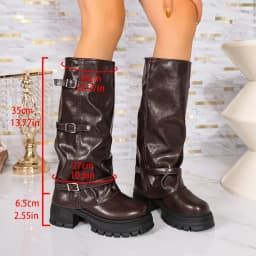 Platform Chunky Sole Women Knee High Boots Multi Buckle Strap Shoes Autumn Winter Ladies Non Slip Long Motorcycle Boots