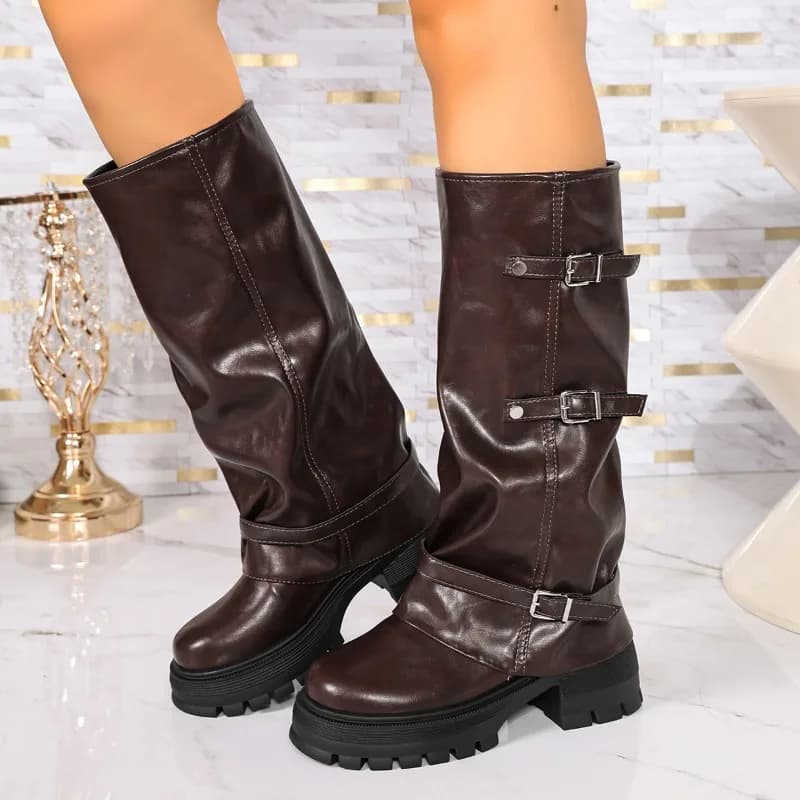 Platform Chunky Sole Women Knee High Boots Multi Buckle Strap Shoes Autumn Winter Ladies Non Slip Long Motorcycle Boots