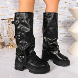 Platform Chunky Sole Women Knee High Boots Multi Buckle Strap Shoes Autumn Winter Ladies Non Slip Long Motorcycle Boots