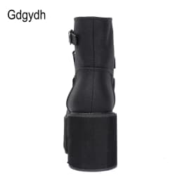Gdgydh Spring Autumn Ankle Boots Women Platform Boots Rubber Sole Buckle Black Leather PU High Heels Shoes Woman Comfortable