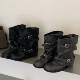 Eilyken New Design Rivet Belt Buckle Splicing Woman Ankle Boots Punk Style Round Toe Square Low Heels Banquet Shoes