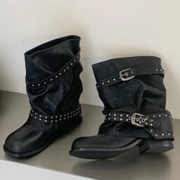 Eilyken New Design Rivet Belt Buckle Splicing Woman Ankle Boots Punk Style Round Toe Square Low Heels Banquet Shoes