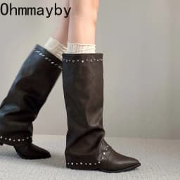 Pointed Toe Rivet Wide Calf Long Boots Women Ruched Slip On Block Heel Vintage Western Knee High Boots Ladies Fashion Footwear