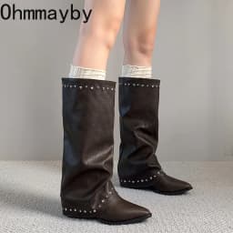 Pointed Toe Rivet Wide Calf Long Boots Women Ruched Slip On Block Heel Vintage Western Knee High Boots Ladies Fashion Footwear